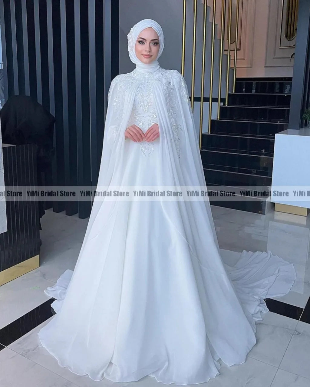 Muslim Wedding Dresses Hijab High Neck Long Sleeve A Line Bride Dress Chiffon Pearls Bridal Gown vestidos de novia Customized