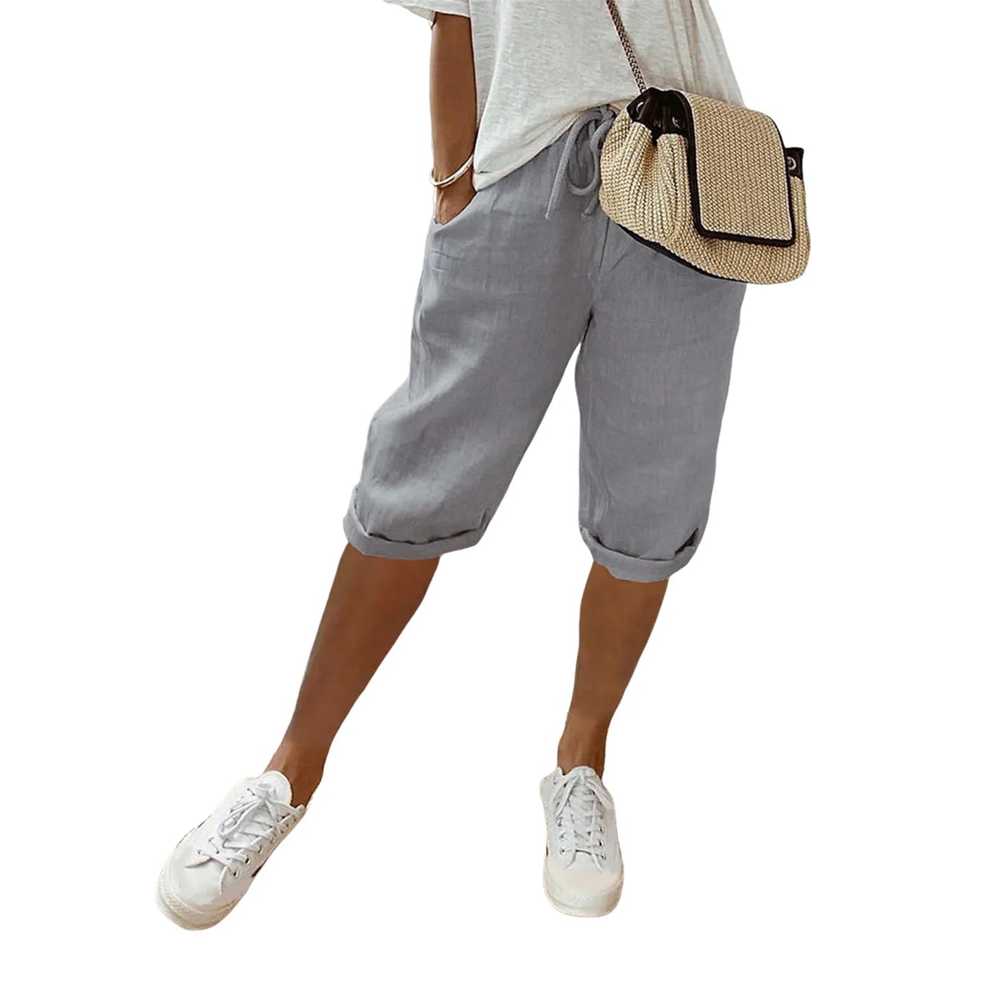 Spring Summer Women's Cotton Linen Trousers Pants Solid Elastic Waist Oversized Pants Women Straight White Homewear Trousers 3XL