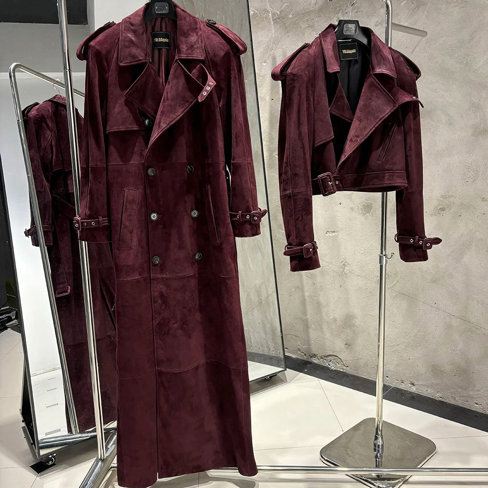 YOLOAgain 150cm Extra Length Real Leather Trench Coat Women Double Breasted Suede Coat Female