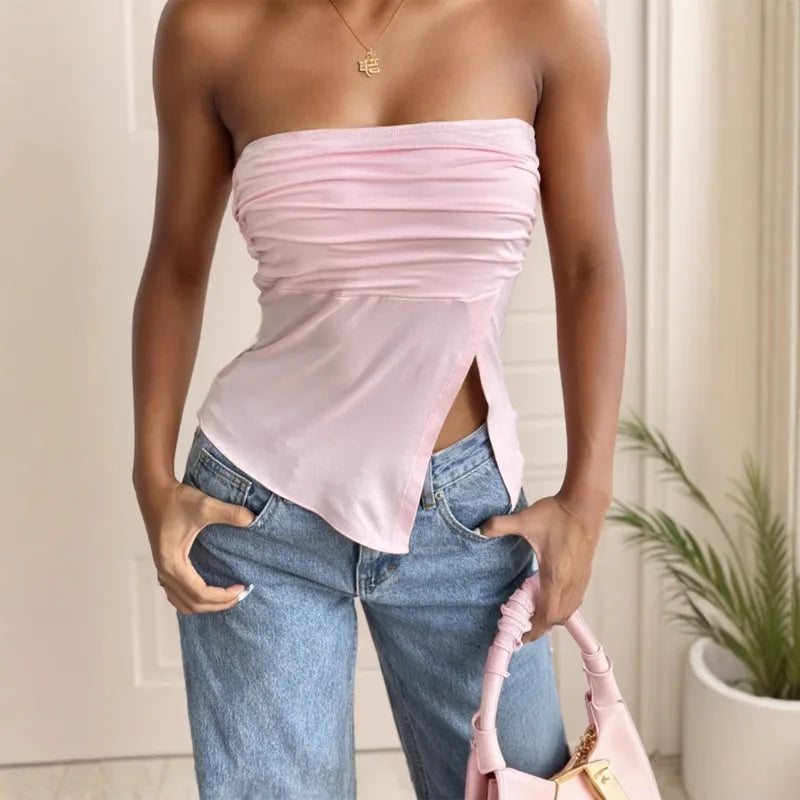 Women Summer Off Shoulder Sexy Pink Asymmetrical Tops Slash Ruched Irregular Split Tops Tank Camisole Elegant Sexy Slim Corset