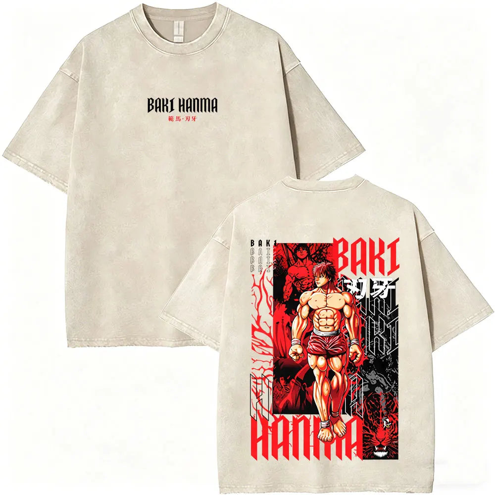 Washed Vintage Anime Baki Hanma Wake Up T-shirt Men Women Retro Manga Oversized T-shirts Men's Casual Cotton T Shirts Streetwear
