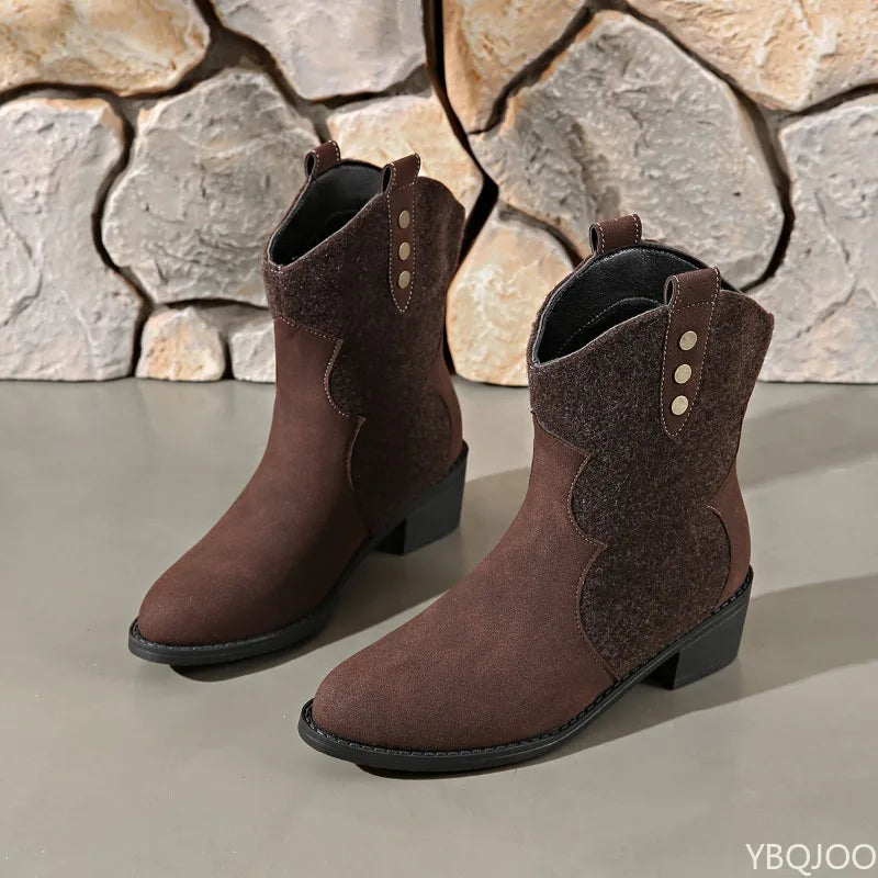 Elegant minimalist women's boots new autumn winter fashionable versatile thick heel round toe mid top retro women's boots