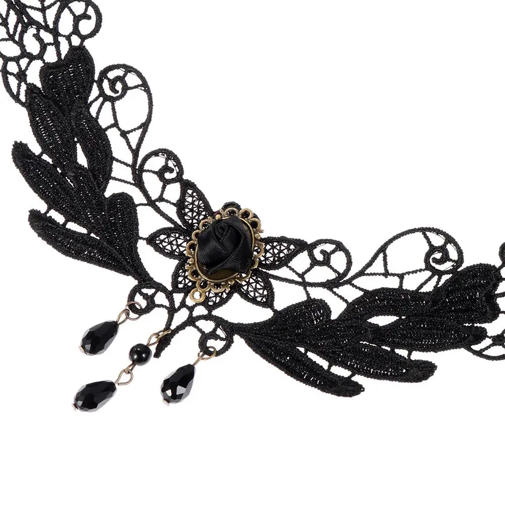 Sexy Neck Chain Steampunk Style Collar Chocker Gemstone Pendant Black Lace Gothic Necklace