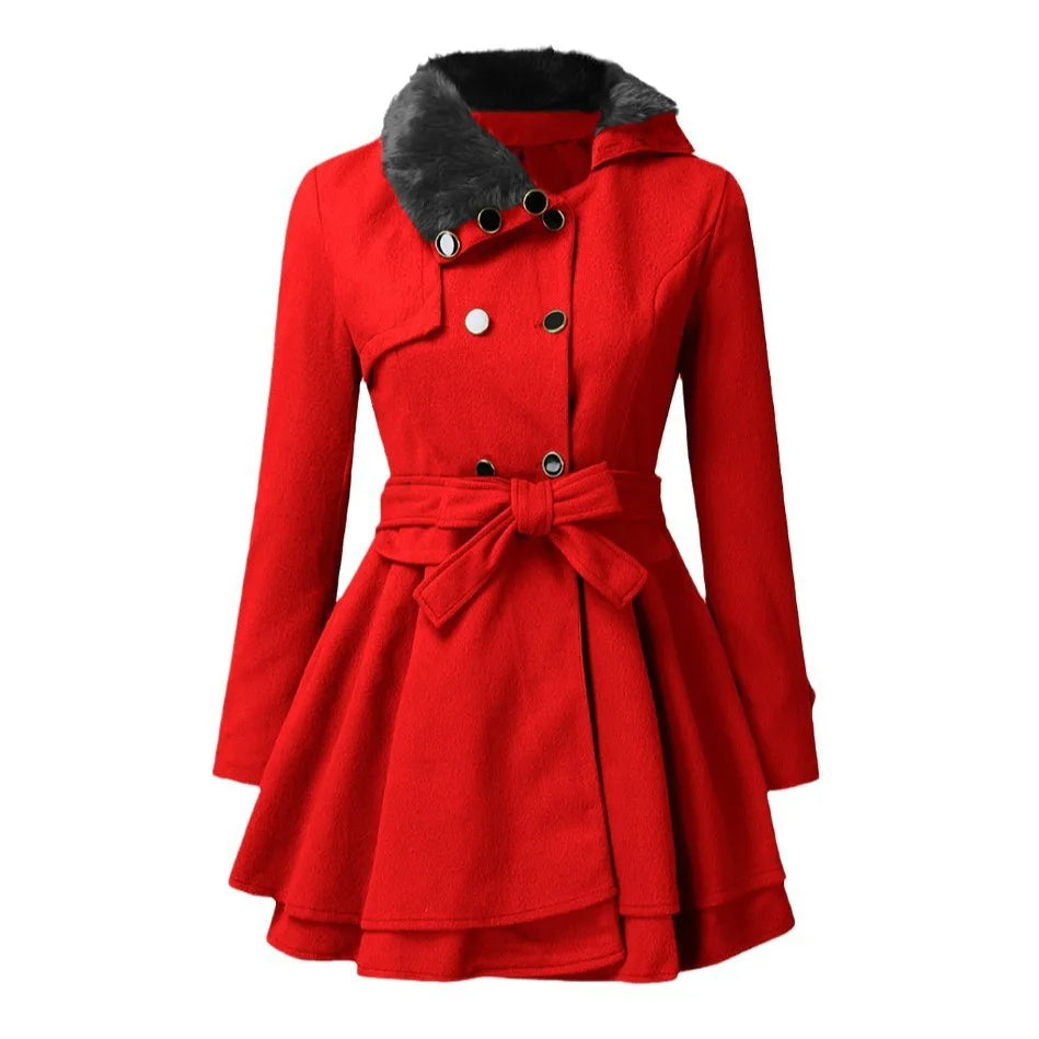 European and American Women's Wool Coat with Wide Skirt Hem and Fur Collar Women's Double-Breasted Wool Trench Coat