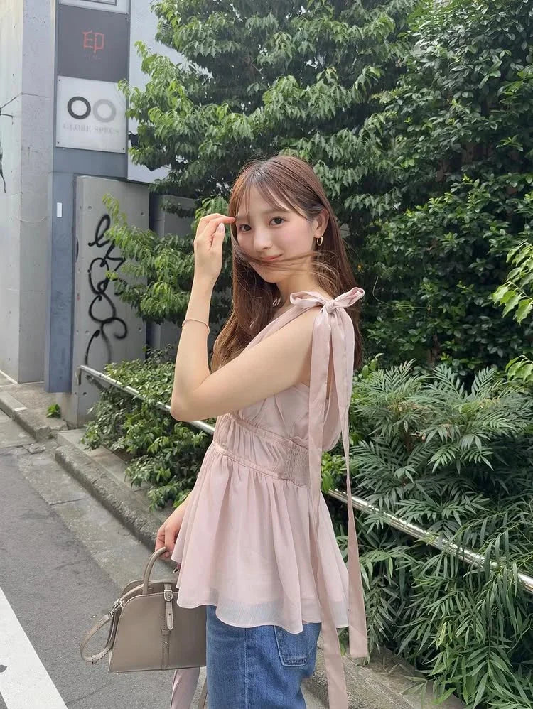 Women's Tops Summer Bow Tie Sweet Elegant Blouse Femme V Neck Shirt Waist-Cinching Japanese Style Sleeveless Chiffon Blouse
