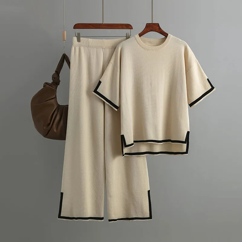 Pants Set Women Two Piece Sets Short Sleeve Spring Knit Tops Loose Casual Wide Leg Long Pants High Waist Y2k Streetwear Spring