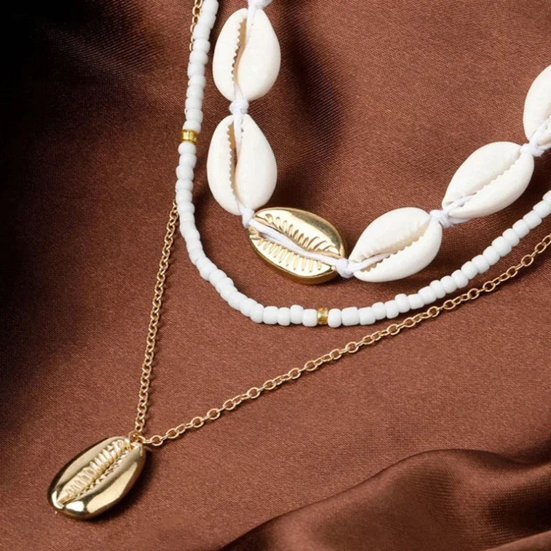 Necklace Three Layer Beach Seashell Choker Necklaces Bohemian Natural Shell Short Collar for Women Rope Chain Choker
