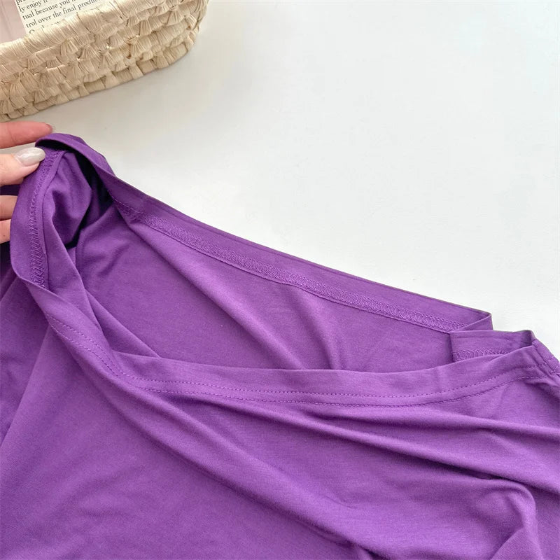 Women's Summer High Stretch Slash Neck Flare Sleeve Slim T Shirt Lady Sexy Pleated Slim Solid Color Pullover Tee Top