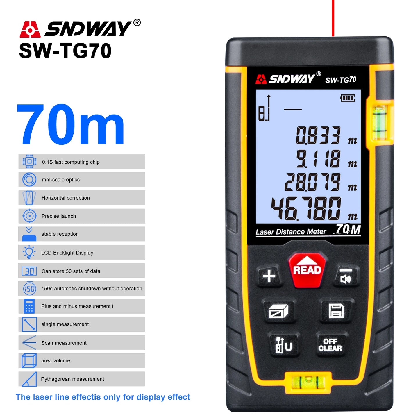SNDWAY Laser Distance Meter Double Bubble Rangefinder Measure Tape Laser Diastimeter 50M Laser Range Finder