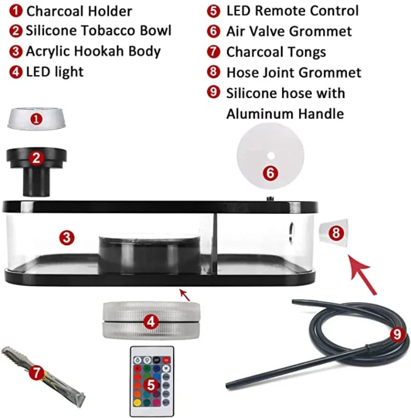 Rectangle Hookah Smoking Pipe Set Shisha Narguile Complete with Remote LED Light Shisha Bowls Charcoal Rack Smoking Accessories