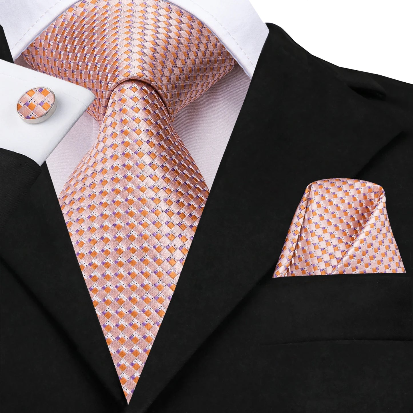Hi-Tie Silk Men Tie Peach Pink Floral Wedding Necktie for Men Luxury Necktie Handkerchief Cufflink Fashion Design Business