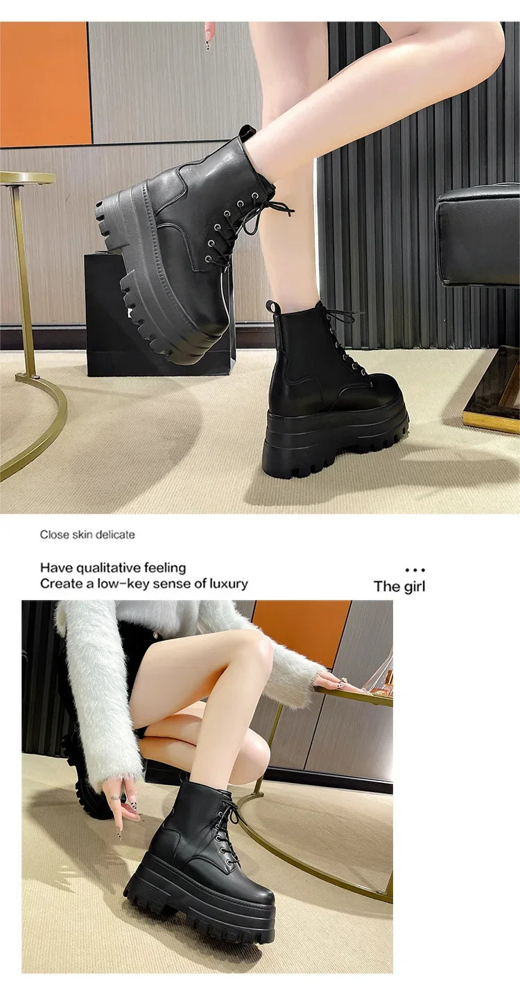2025 Short Boots for Women Thick Bottom Casual Black White Ankle Boots Spring Autumn Platform Women Shoe 12cm High Heels Botines