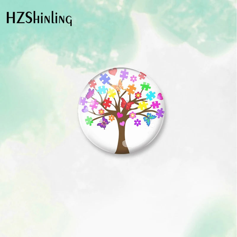 2023 New Autism Awareness Tree Love Support Pattern round Button Badge Brooch For Clothes Backpack Decoration Pin Jewelry