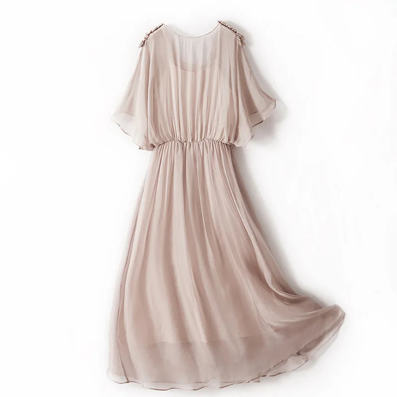 100% Silk Dress New Fashion Summer Dresses For Women 2024 High Quality Casual Dress Women Elegant Midi Dress Vestido Feminino Lq