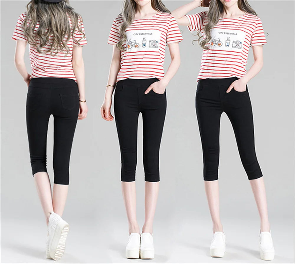 Women  Stretchy Capris Pants Elastic Waist Comfy Skinny Cropped Jeans Pants Button Front Casual Breathable