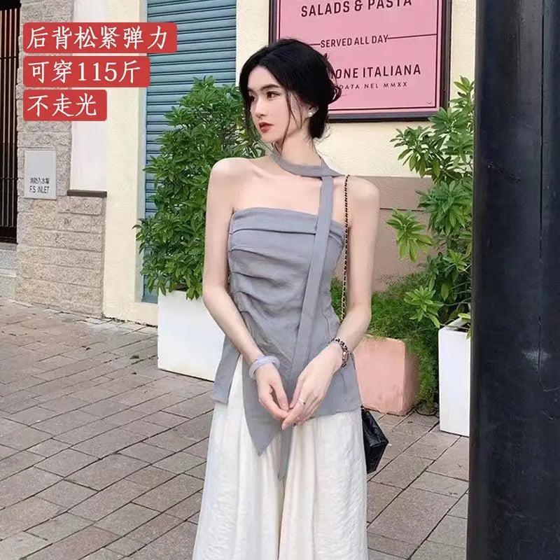 Women's Summer 2025 Off-Shoulder Bustier Top with Asymmetric Design for Commuting and Stylish Outfits