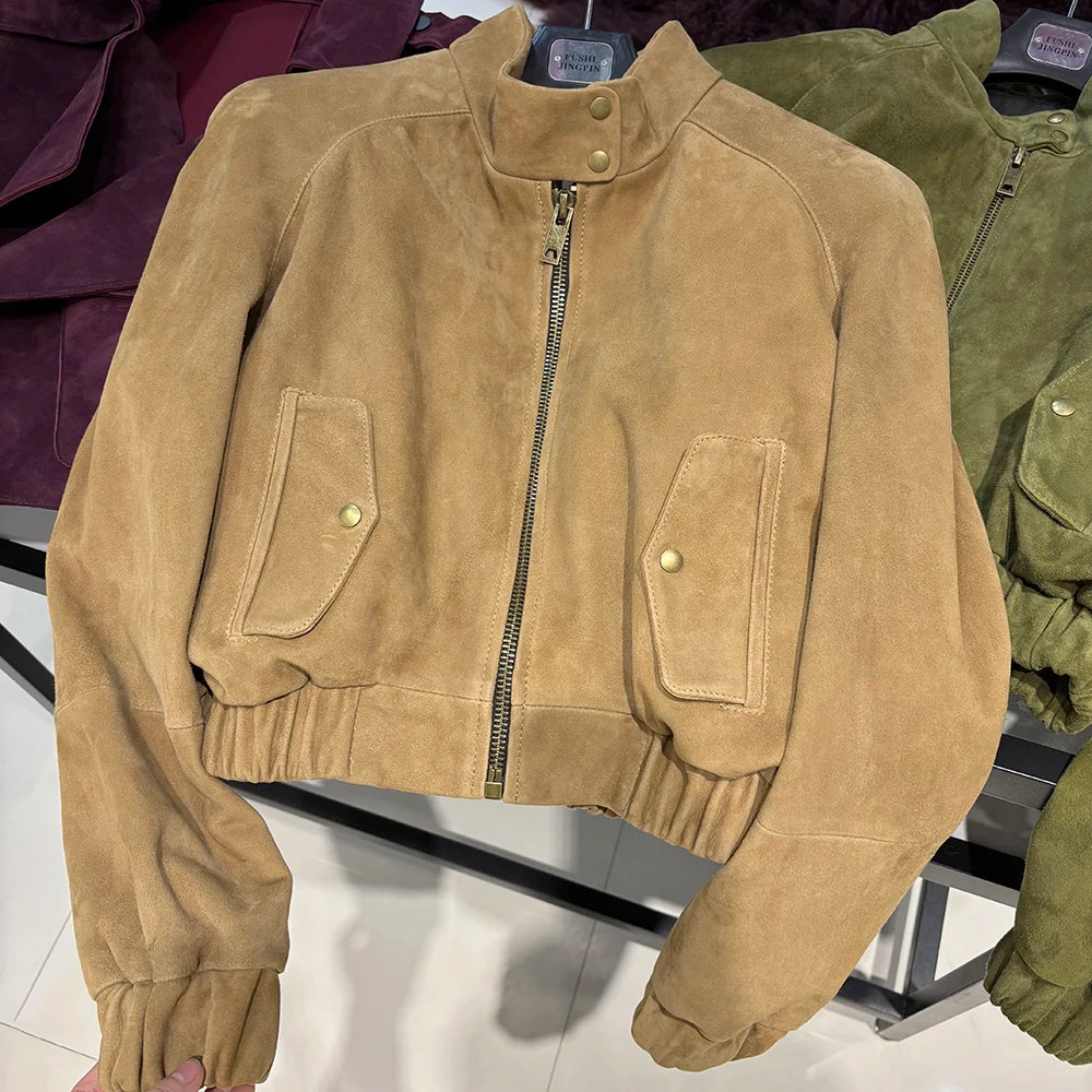 YOLOAgain Suede Leather Jacket Coat Women Real Leather Cropped Jacket Bomber Jacket 2025 Autumn