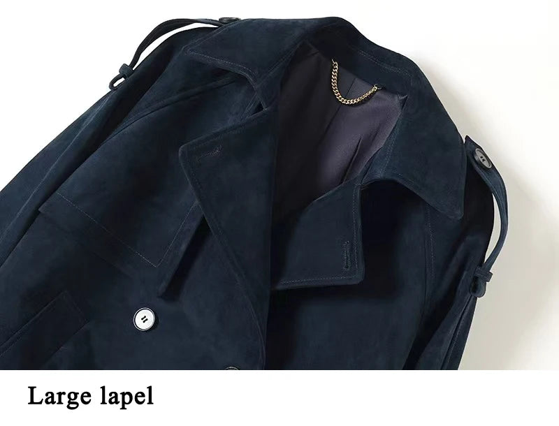 Kid Suede Leather Jacket for Women Branded New 2025 Old Money Double Breasted Short  Jacket Femme Big Lapel Epaulet Trench Coat