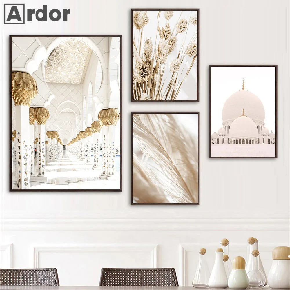 Islamic Wall Art Print Morocco Door Canvas Poster Pampas Grass Beige Flower Art Painting Mosque Posters Wall Pictures Home Decor