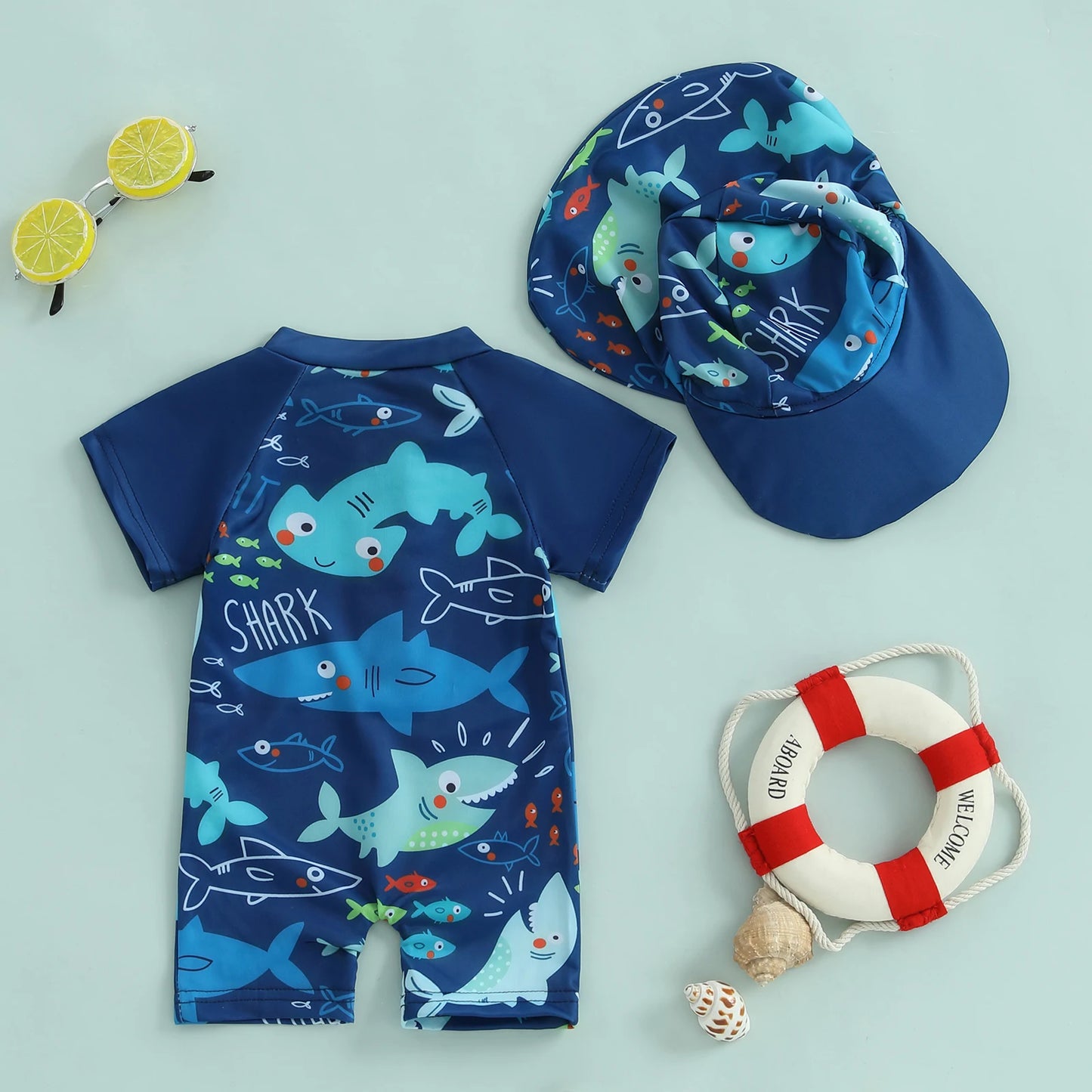 BeQeuewll Toddler Boys Summer Swimming Suit Kids Rash Guard Swimsuit Shark Print Zipper Short Sleeve Kids Bathing Suit with Cap