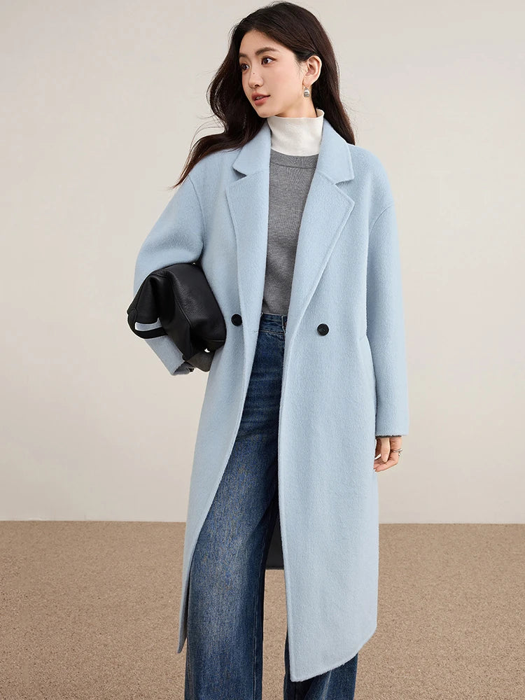 SENTUBILA Women's 100% Wool Double-Faced Coat Winter 2025 Suit Lapel Collar Classic Commuter Style Long Overcoat W54OA8779
