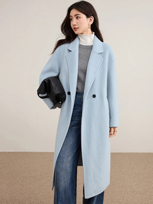 SENTUBILA Women's 100% Wool Double-Faced Coat Winter 2025 Suit Lapel Collar Classic Commuter Style Long Overcoat W54OA8779