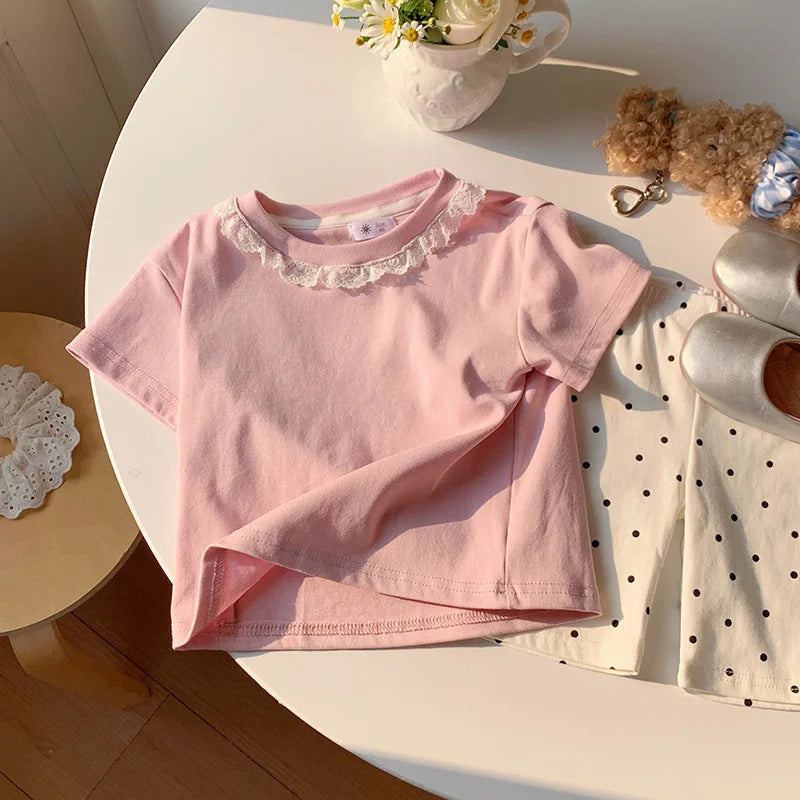Summer Girls Lace T-shirt Kids Loose Casual Solid Color Short Sleeves Crewneck Tops Baby Girl Cotton Tees Kids Clothes 1-6Years