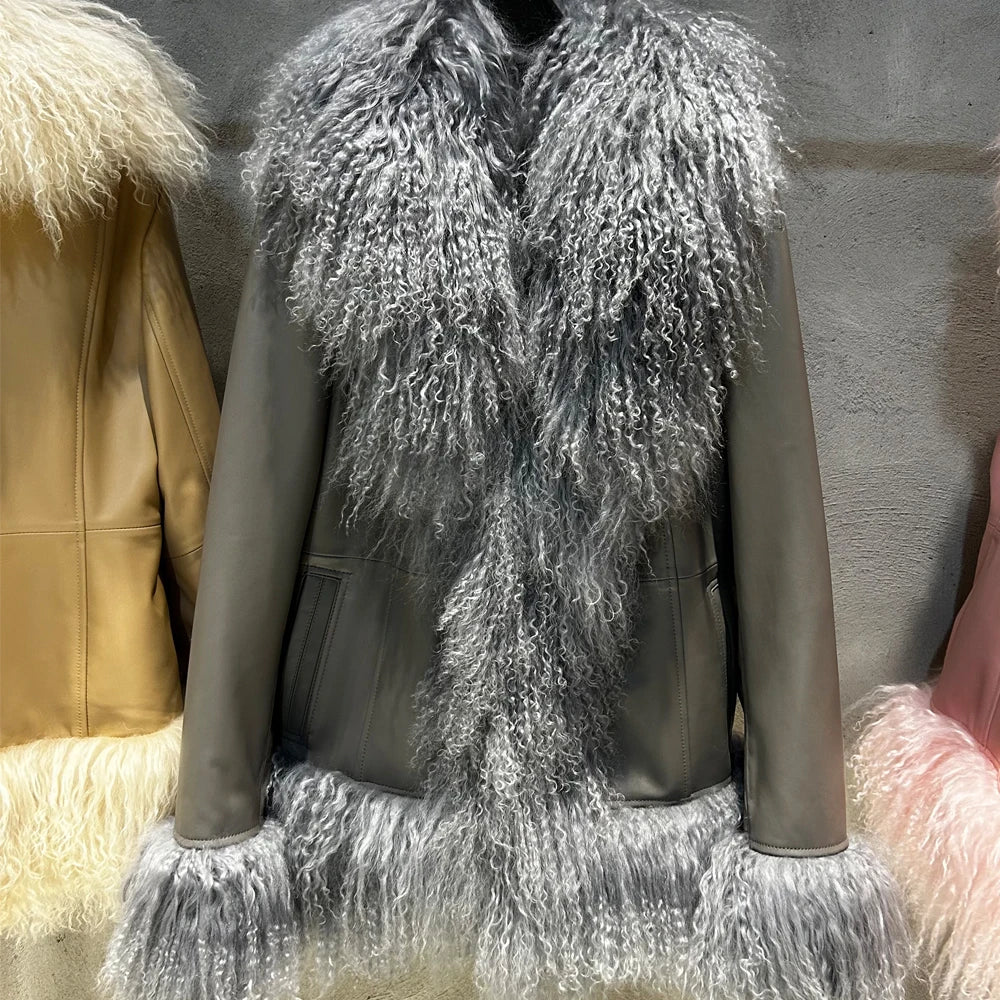 Black Suede Mongolian Sheep Fur Coat Women Fur Jacket with Long Sleeve New arrival Winter Real Fur Coat