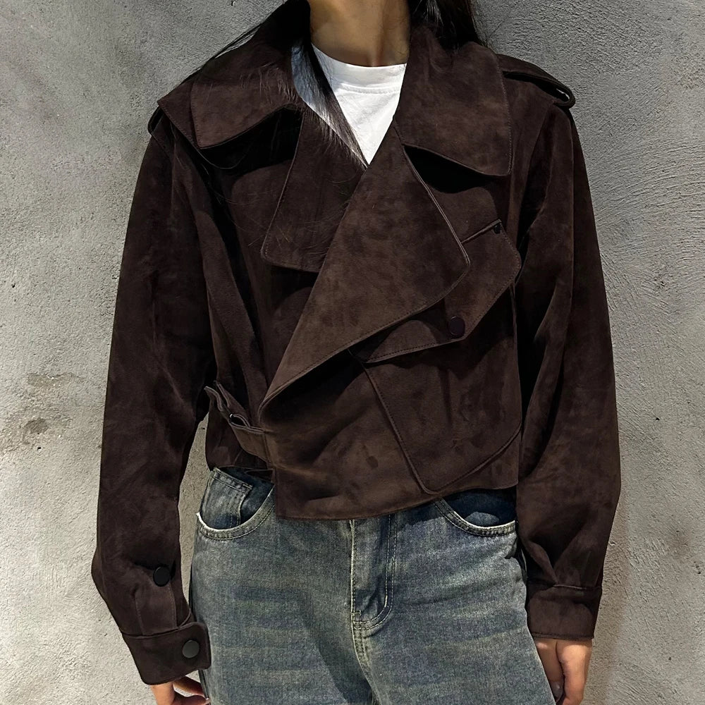 Oversized Brown Suede Women Jacket Real Sheepskin Leather Coat 2026 Loose Outwear