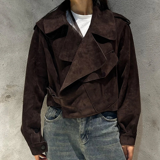 Oversized Brown Suede Women Jacket Real Sheepskin Leather Coat 2026 Loose Outwear