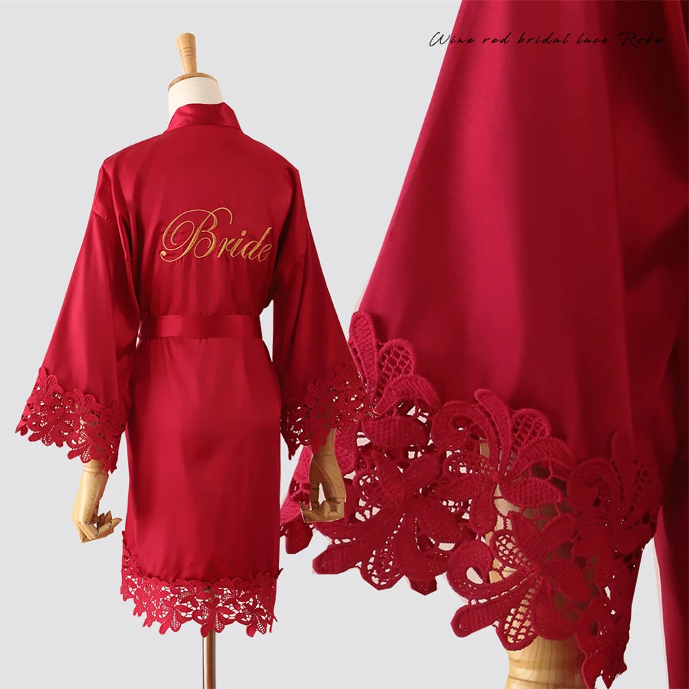 Wedding Embroidery Bride Bridesmaid Kimono Dresses Lace Gown Sexy Women Robes Home Gown Bathrobe Short Night Shirts Sleepwear1PC