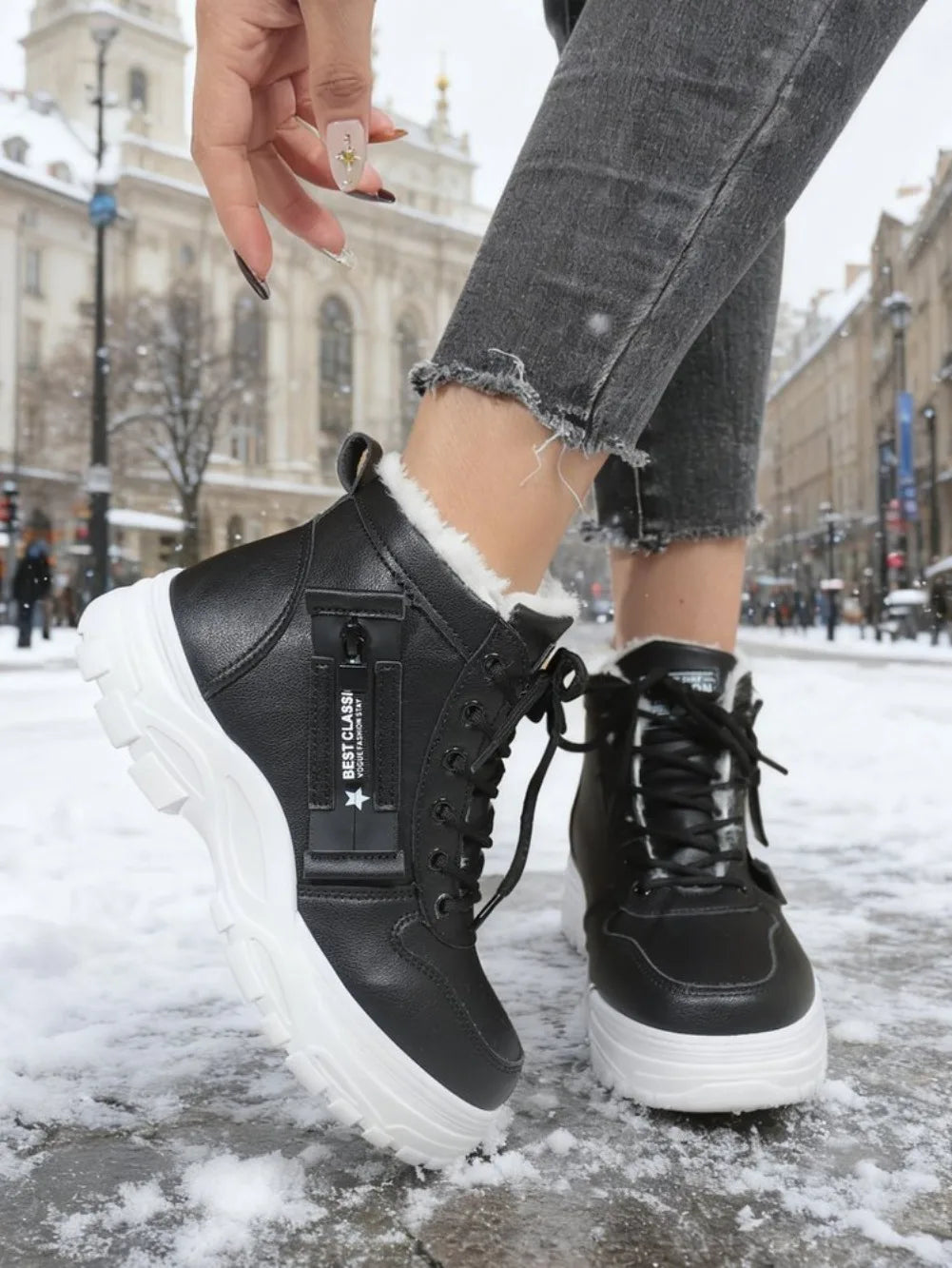 Women's Winter Snow Boots Warm Plush Lined Lace Up Chunky Platform Sneaker Booties Side Zipper Outdoor Walking Shoes for Ladies