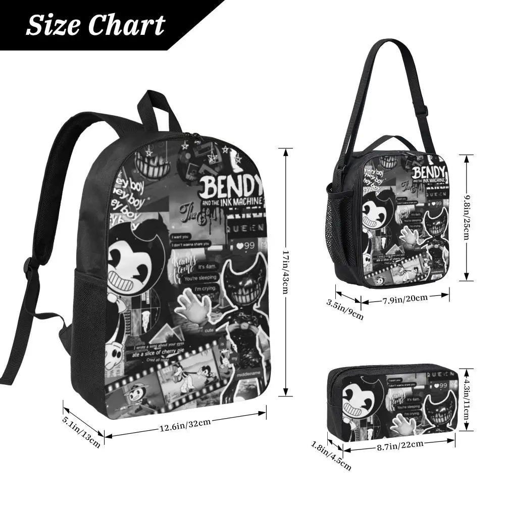 3Pcs Bendys And The Dark School bags Set for Boy Girl Pen Bags Backpack Sets with Lunch Box For School Students Knapsack