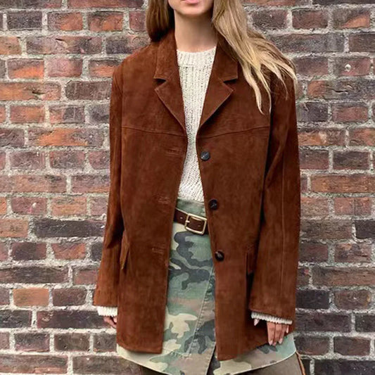 Vintage Brown Kid Suede Jacket for Women 2025 New High Sense Loose Oversized Leather Suit Blazer Female Casual Coat Streetwear
