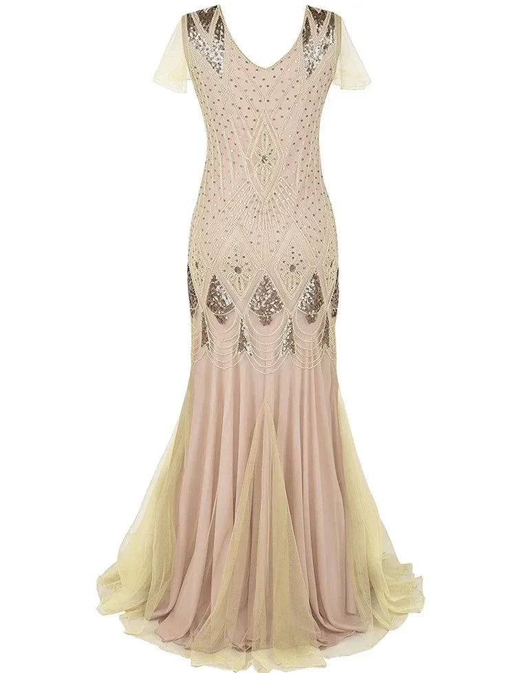Women's Fashion 1920s Flapper Dress Vintage Great Gatsby Long Evening Prom Sequin Party Dress Women Mesh Costume