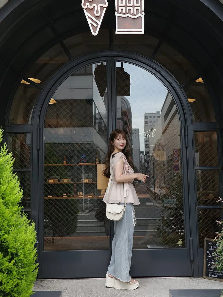 Women's Tops Summer Bow Tie Sweet Elegant Blouse Femme V Neck Shirt Waist-Cinching Japanese Style Sleeveless Chiffon Blouse