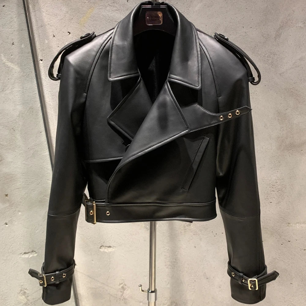 Embossed Leather Jacket Women Winter Genuine Sheep Leather Coat Wide Shoulder and Paddad 23012