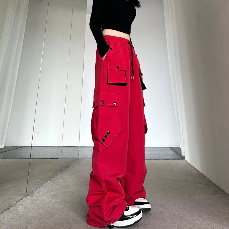 American High Street Workwear Casual Pants Women Loose Color Block Straight Leg Long Pants Pocket High Waist Wide Leg Trousers