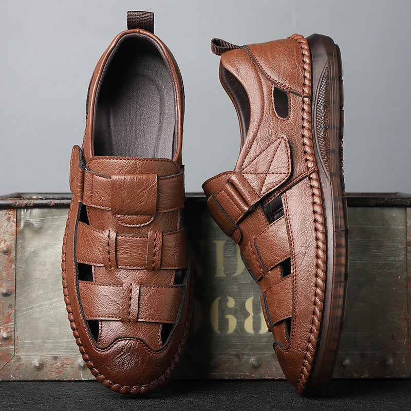 Genuine Leather 2024 Summer Special Offer Men's Business Casual Hollow Work with Holes Leather Sandals Men's Work Hole Sandals