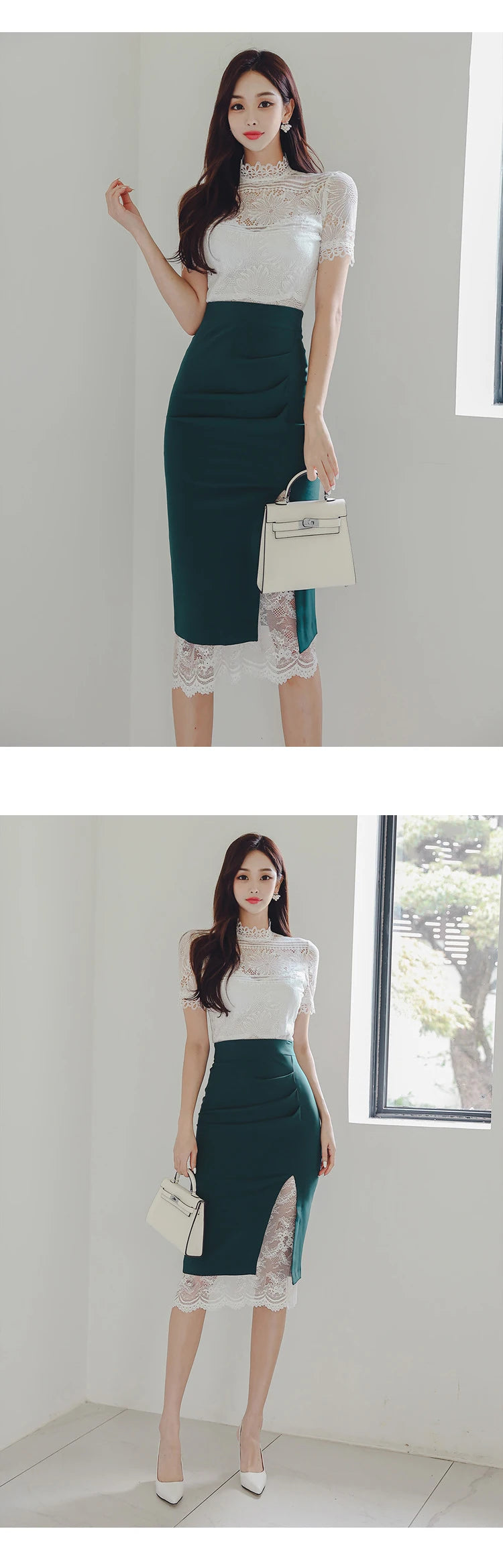 Summer Women Clothes Fashion Elegant 2 Pieces Outfit Sheer Sexy Lace White Tops Shirt Blouse And High Waist Midi Skirt Mujer Set