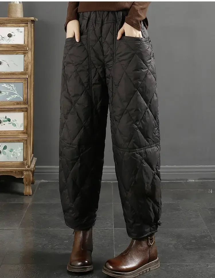 Vintage Quilted Pants Women Winter Warm Trouser Cotton-padded Pants Casual Design Pockets Elastic Waist Korean Chic Black Pants
