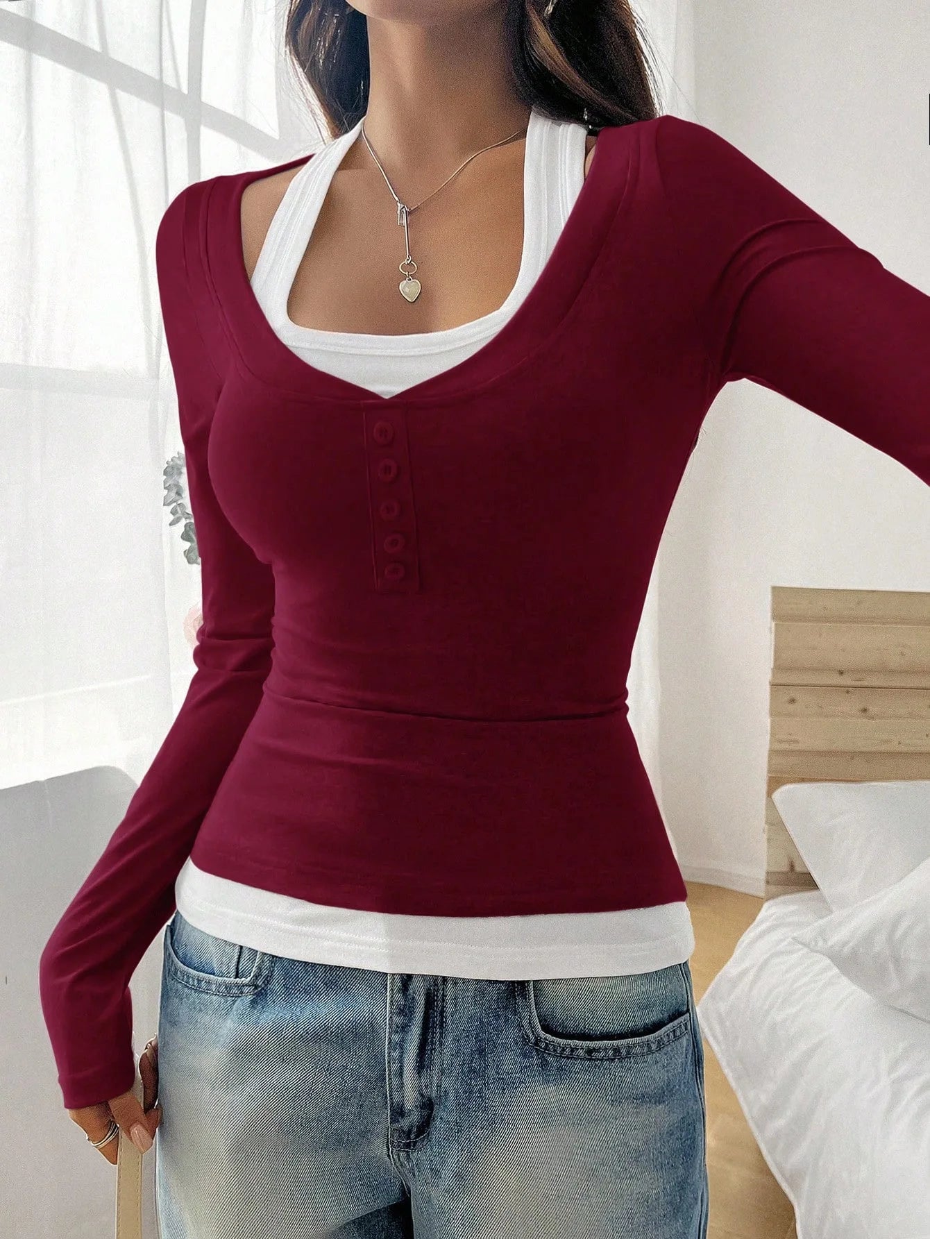 New Women's Blouses T-shirt Spring Fall Fashion Slim Halter Neck Fake Two-piece Stretch Long-sleeve Top Women Casual Clothing