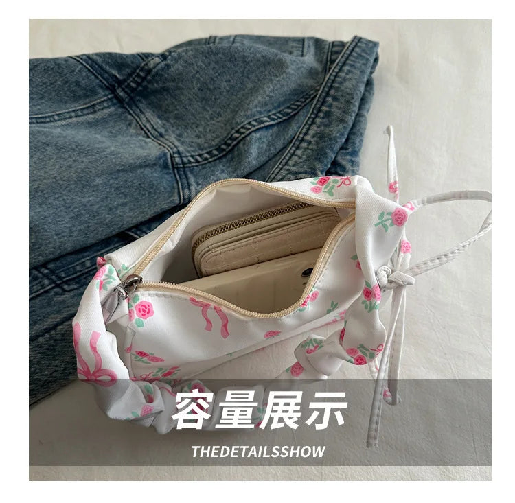 Women's Bags 2025 Summer Nylon Pleated Handbags Armpit Bag Korean Floral Bow Printed Zipper Tote Bag Female Small Shoulder Bags