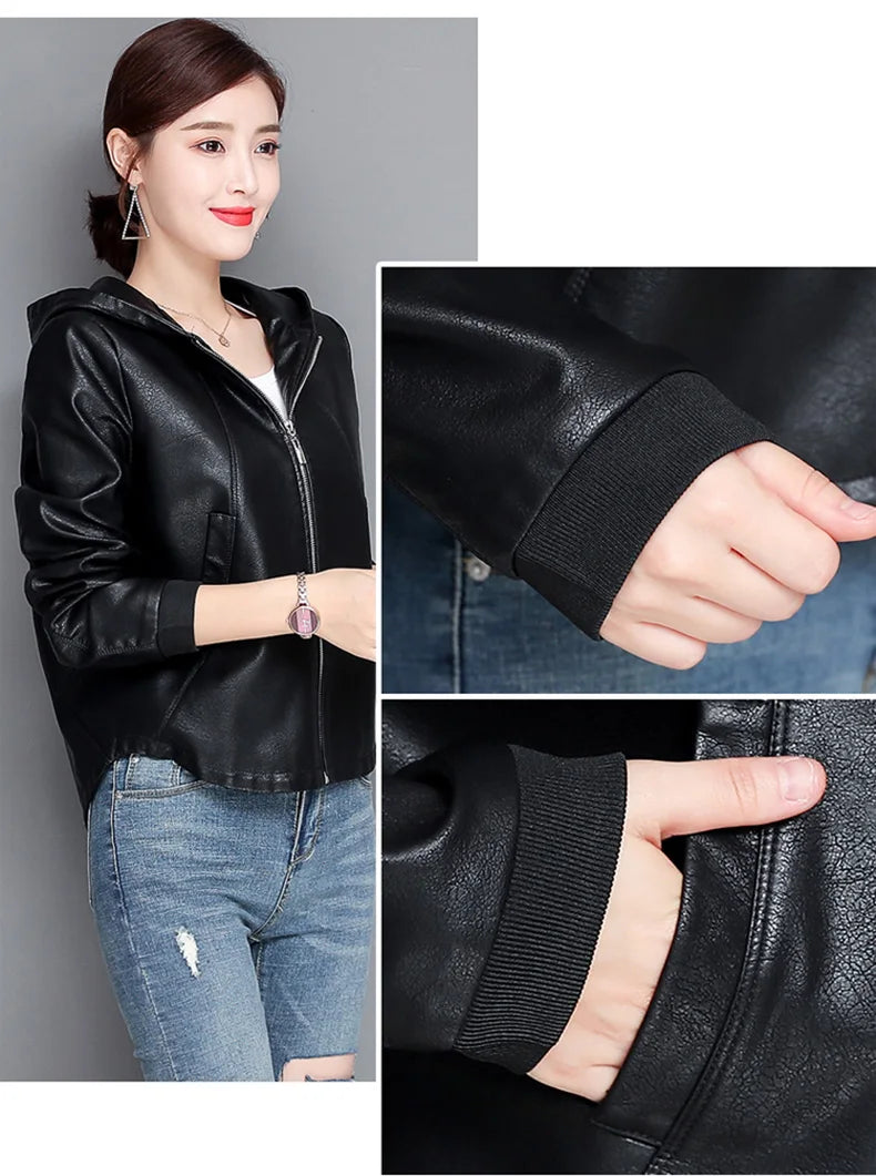 New Women Casual Leather Jacket Spring Autumn Fashion Hooded Zipper Split Leather Loose Outerwear Short Sheepskin Tops Coat