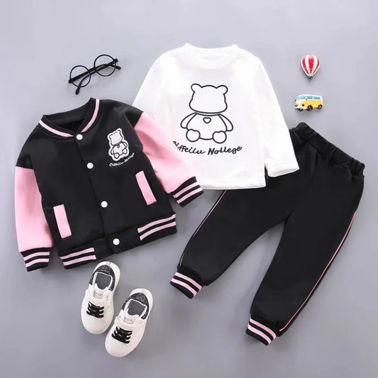 Baby Clothes Bear T-shirt+Jacket+Pants Three Pieces Sets For Children Autumn Casual Suit Boys Girls Loungewear Outfits Clothing