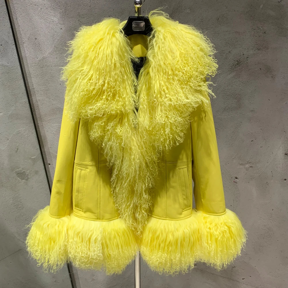 Sheep Collar Coats Women Winter Luxury Mongolian Fur Leather Jackets with Long Sleeve 7251
