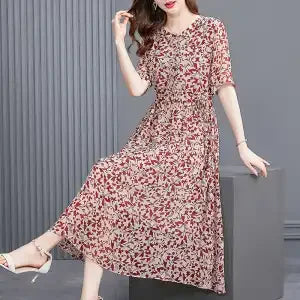 Women's Mulberry Silk Midi Dress V-Neck Three-Quarter Sleeve Red Floral Print Waist Tie Elegant Silk Summer Dress For Mature
