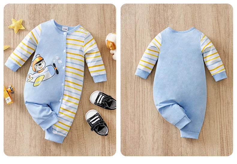 Newborn Baby Clothes cotton 0-12 Months blue Flying bear stripe print Spring and autumn Long Sleeve unisex Kids Jumpsuit Pyjama