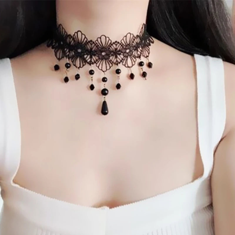 Sexy Lace Necklace Vintage Flowers Choker Pendant Female Jewelry Black Beading Bead Neck Ornament Hyperbole Neck Ornament