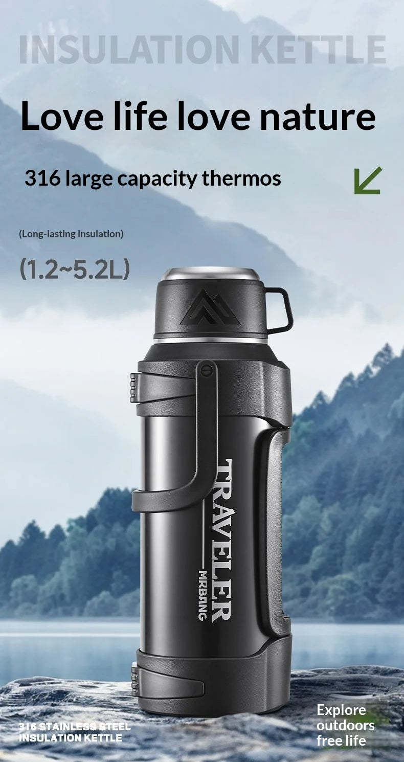 Double Wall Vacuum Insulated Water Bottle 1L 316 Stainless Steel Large Capacity with Handle Leak Proof for Car Outdoor Gym